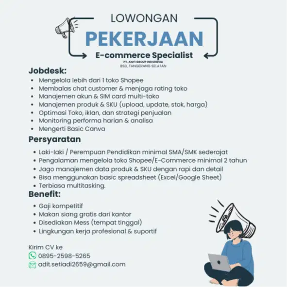 LOWONGAN KERJA E-COMMERCE SPECIALIST / SHOPEE