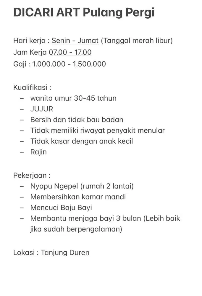 DICARI ART PULANG PERGI (ADA ANAK BAYI 3 BULAN)