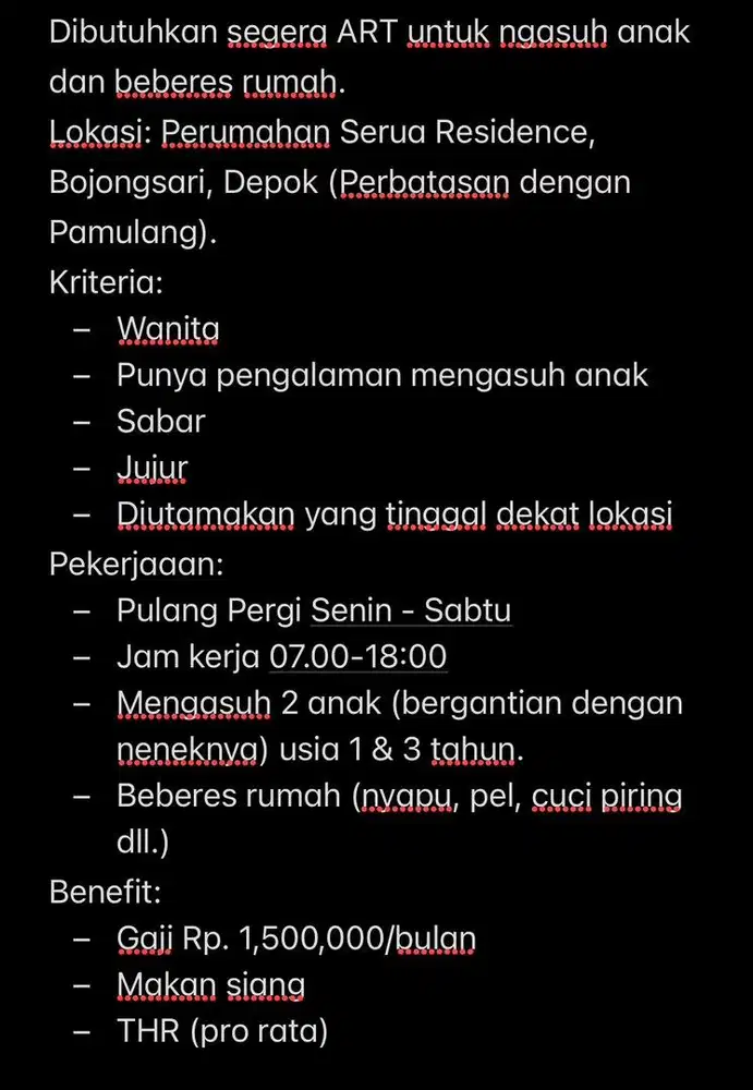 DIBUTUHKAN SEGERA ART SERABUTAN SERUA BOJONGSARI DEPOK