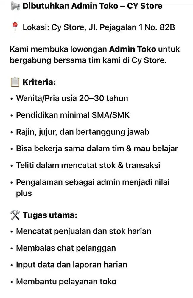 .	Lowongan Kerja Admin Toko – Cy Store