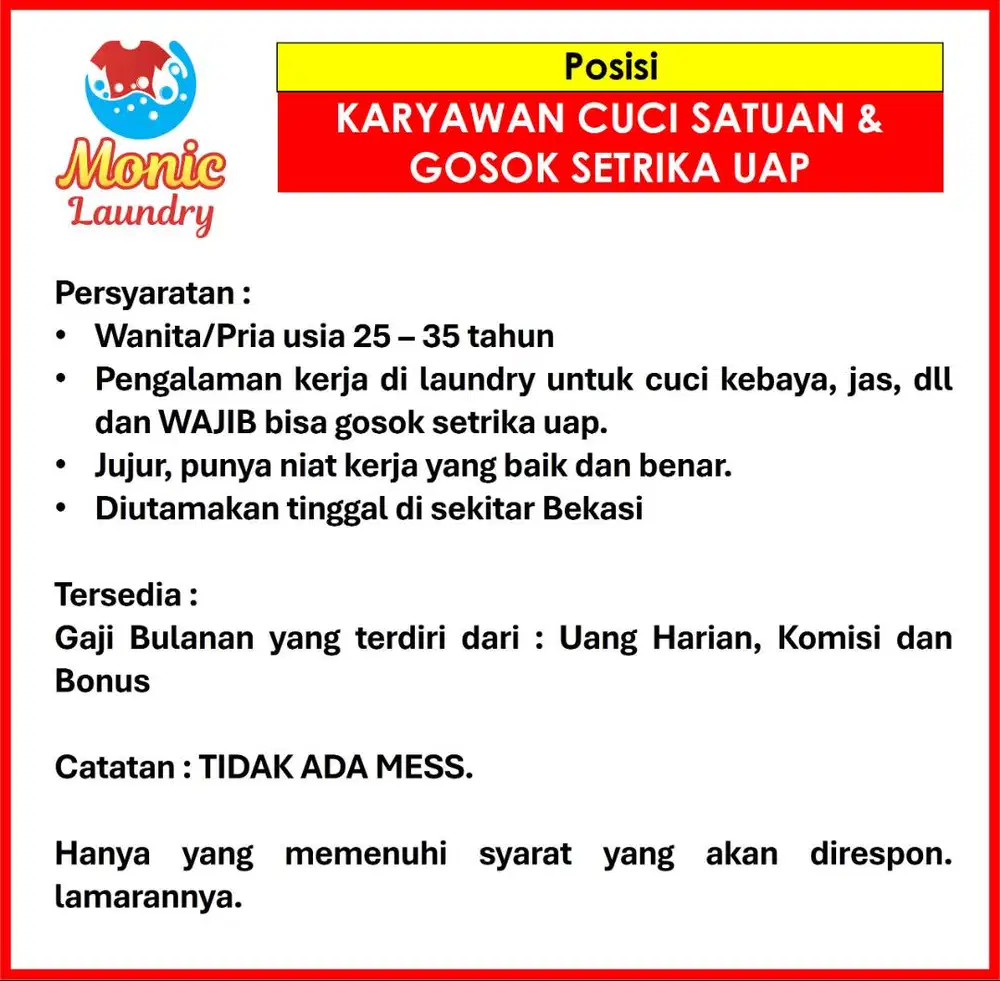 Butuh Cepat! Karyawan Laundry Bagian Gosok Setrika Uap!