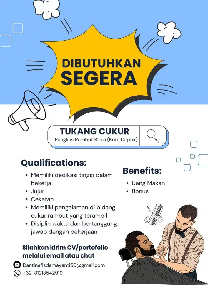DIBUTUHKAN KAPSTER/TUKANG CUKUR AREA DEPOK