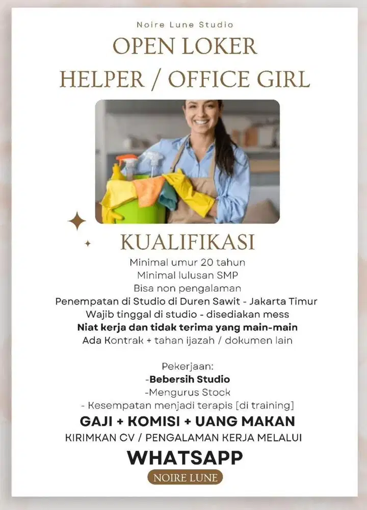 Lowongan Kerja Helper / Office Girls / Bebersih / ART Lowongan Kerja