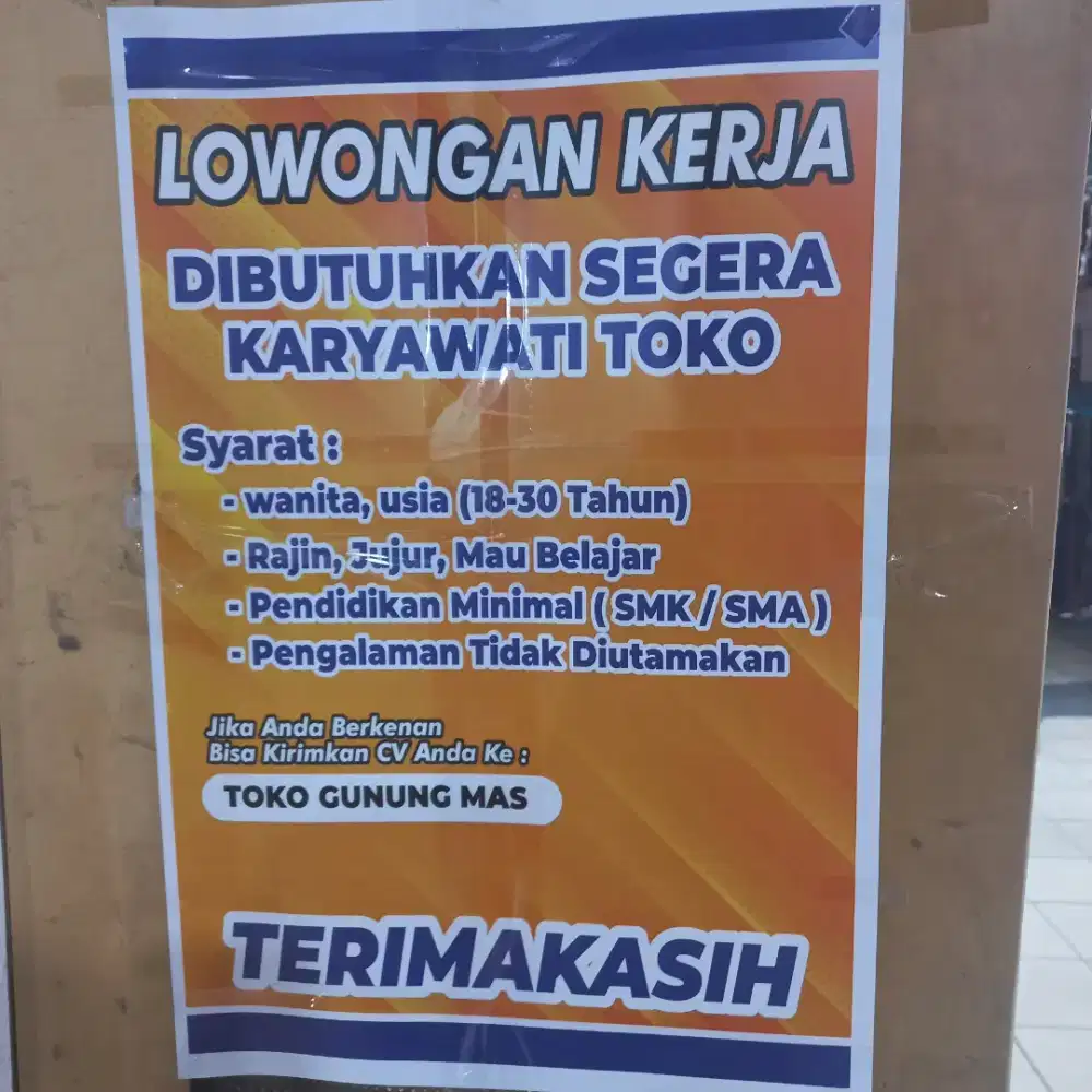 LOWONGAN KERJA KARYAWATI TOKO