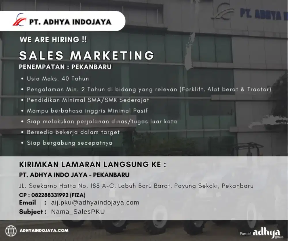 Lowongan Sales & Marketing PT. Adhya Indo Jaya Pekanbaru