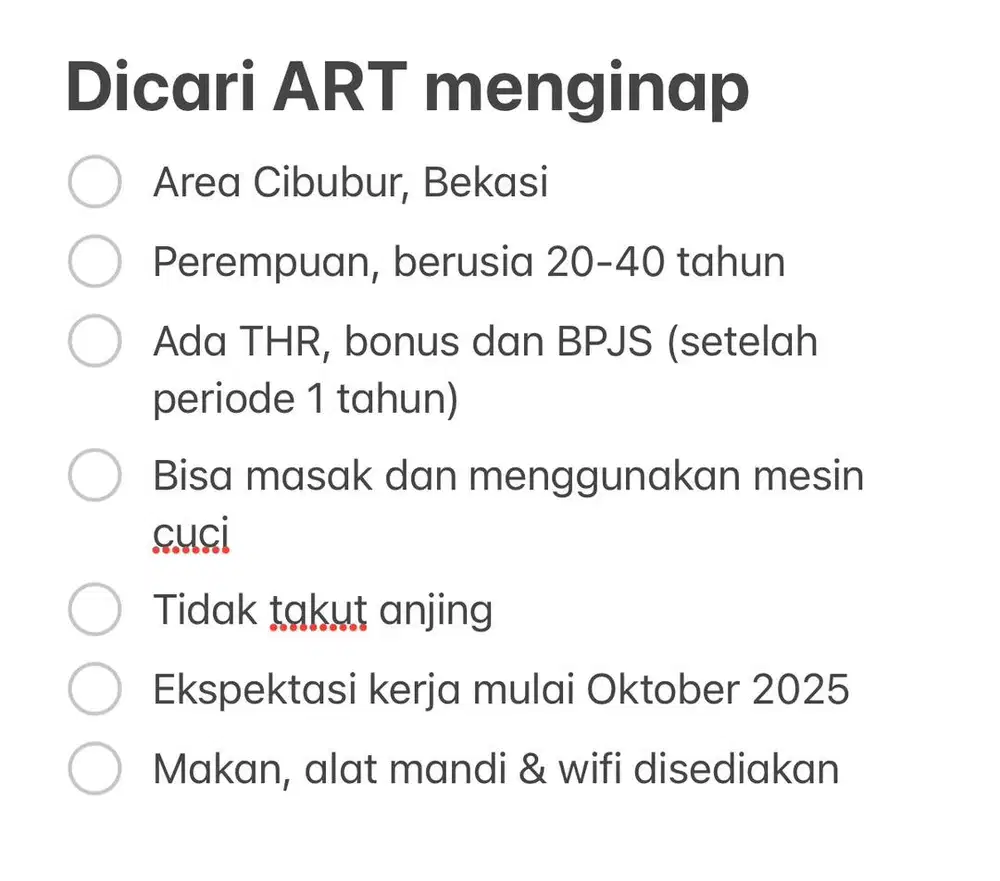 Dicari ART Menginap (Area Cibubur Bekasi)