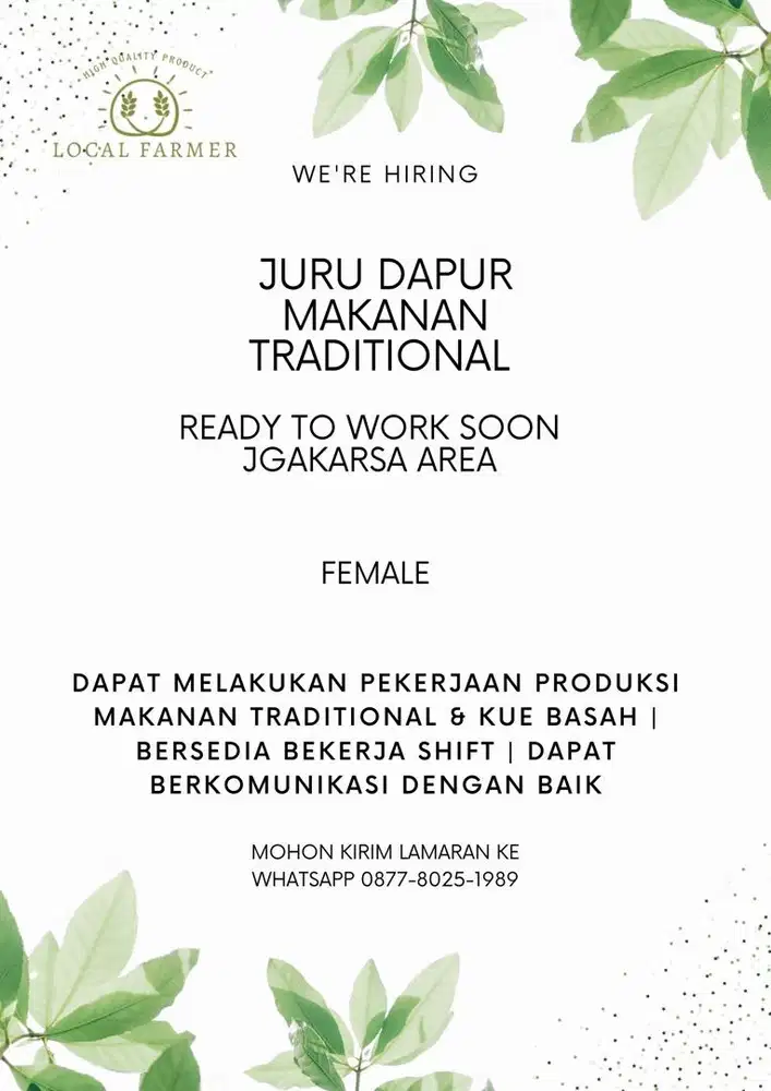 Juru dapur masakan traditional / asisten dapur / juru masak