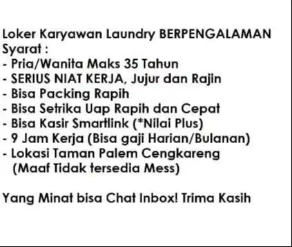 Butuh Karyawan Laundry / Kasir Laundry
