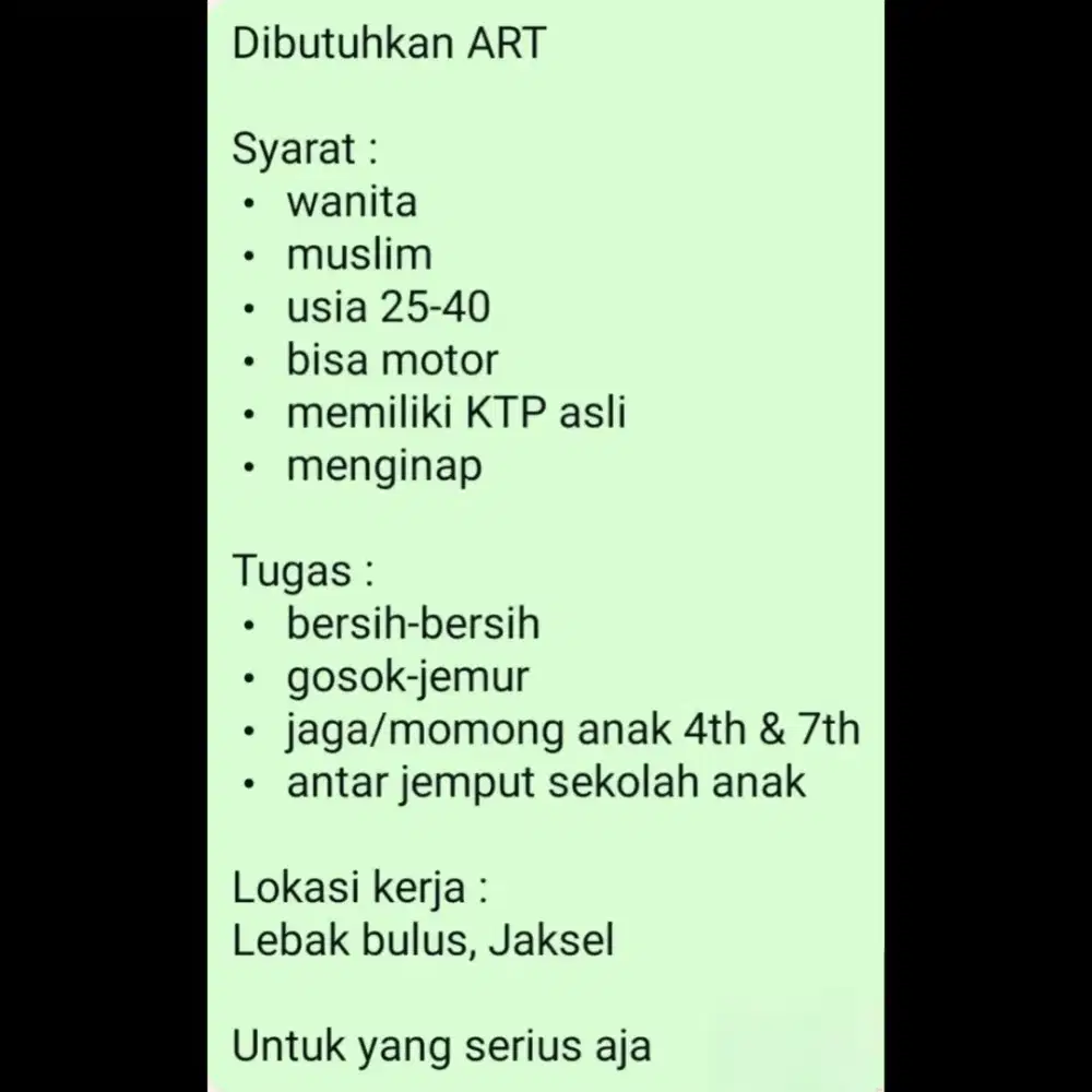 Dibutuhkan ART Asisten Rumah Tangga