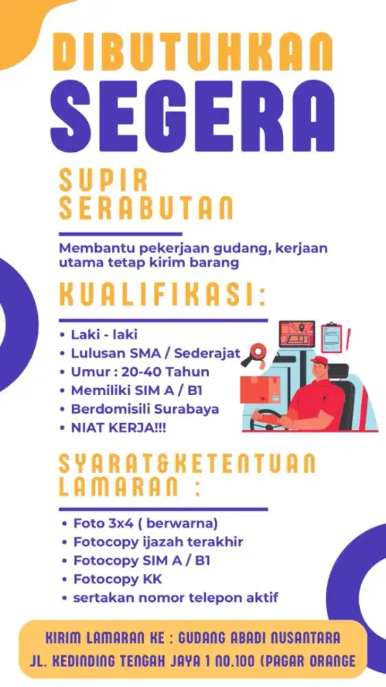 dicari supir serabutan untuk toko bangunan