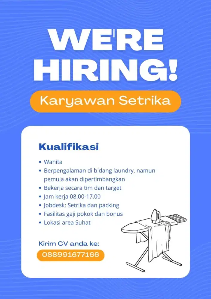Lowongan Kerja Karyawan Setrika Laundry area SUHAT