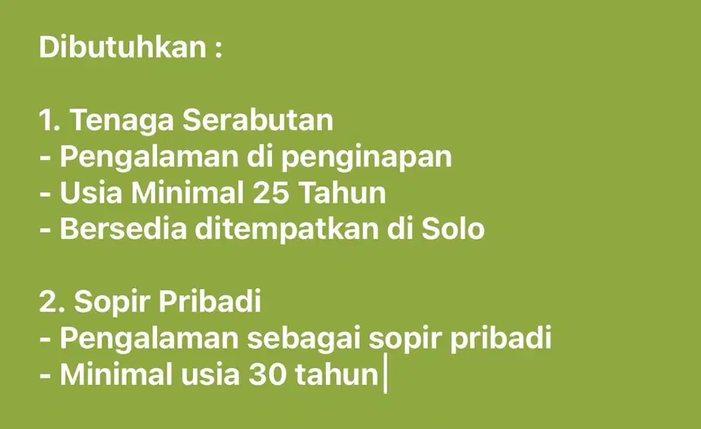 Lowongan Kerja Sopir Pribadi dan Tenaga Serabutan