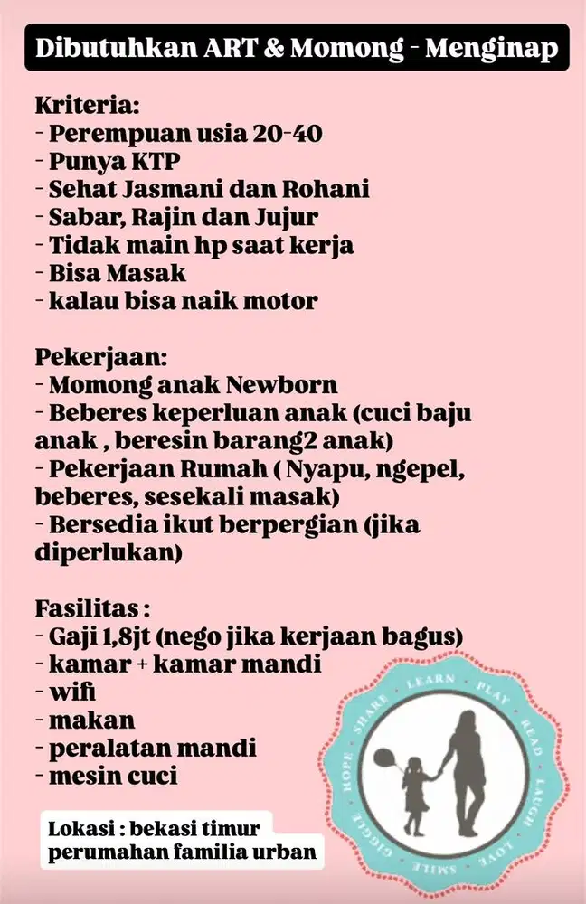Dibutuhkan ART & Momong Menginap!
