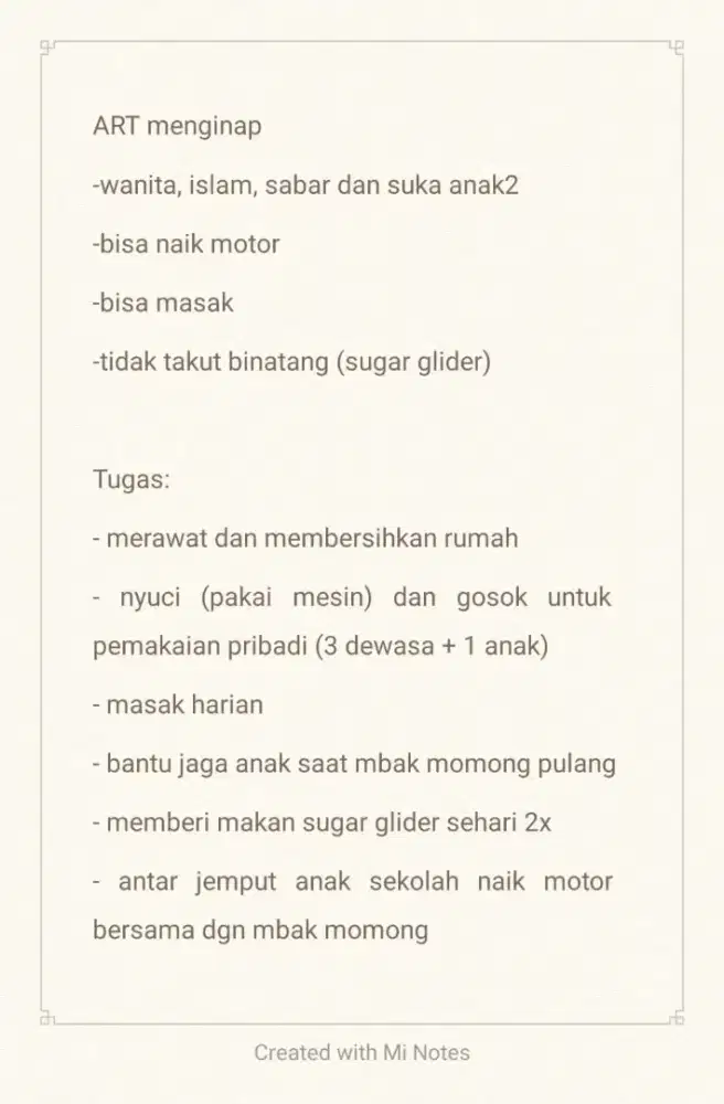 Dibutuhkan ART Menginap