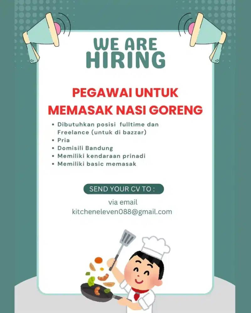 Dicari pegawai pria untuk memasak, freelance