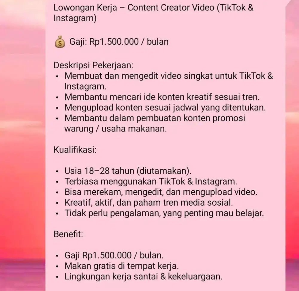 DI CARI CONTENT CREATOR  BIKIN VIDIO UNTUK DI TIKTOK DAN INSTAGRAM