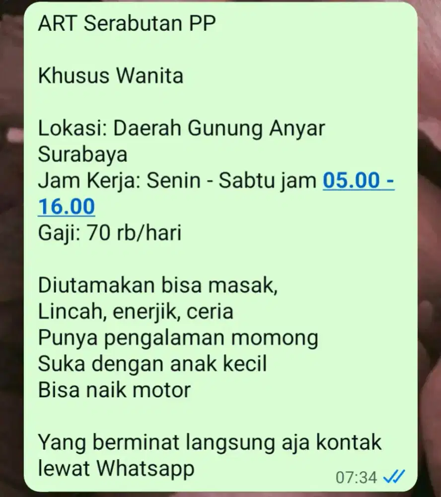 Dibutuhkan Asisten Rumah Tangga