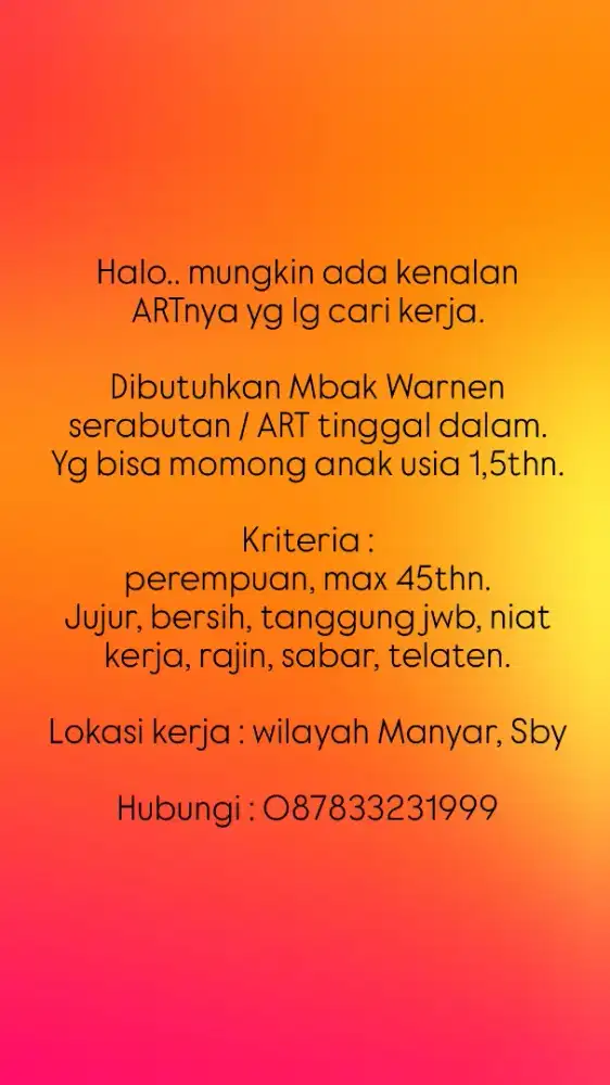 Dibutuhkan segera ART Tinggal / warnen