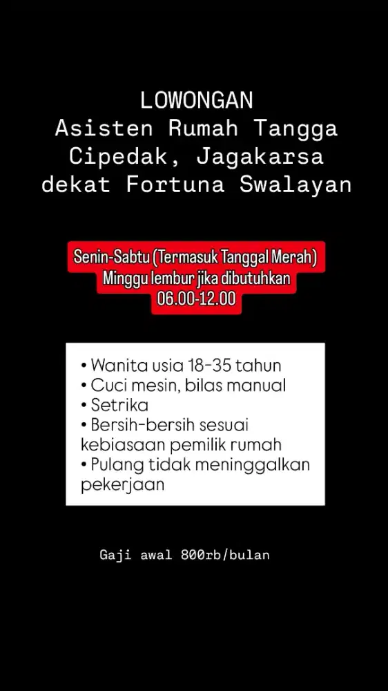LOWONGAN PEMBANTU / ART / BABYSITTER