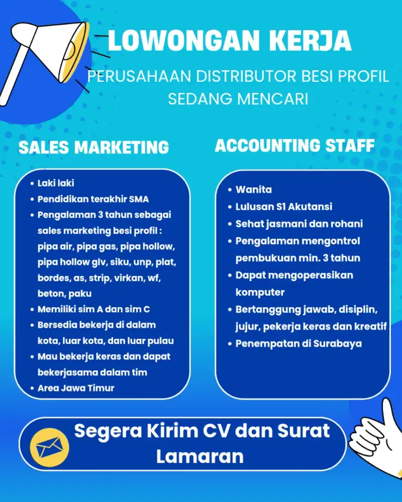 Loker Sales Marketing dan Accounting Distributor Besi Surabaya