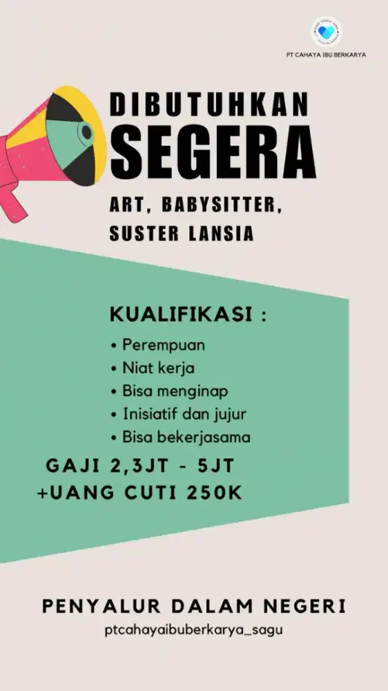 Loker urgent !! Khusus perempuan saja, tidak untuk laki2