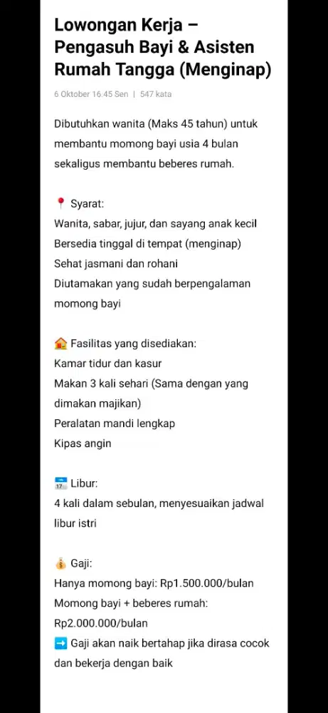 Lowongan Kerja – Pengasuh Bayi & Asisten Rumah Tangga (Menginap)