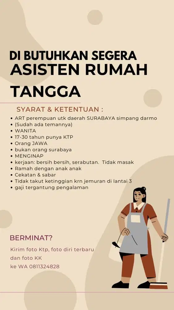 Dibutuhkan ART bersih bersih surabaya langsung majikan