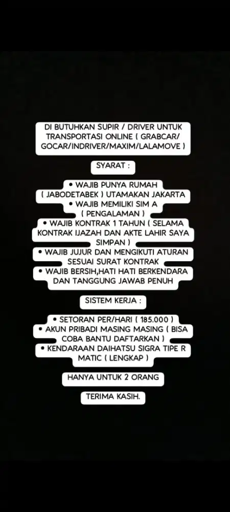 DI BUTUHKAN SUPIR / DRIVER UNTUK TRANSPORTASI ONLINE