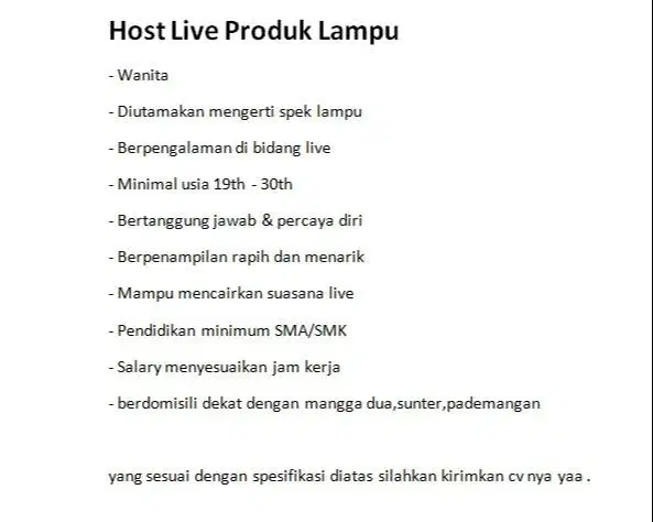 LOWONGAN KERJA HOST LIVE LAMPU BERPENGALAMAN