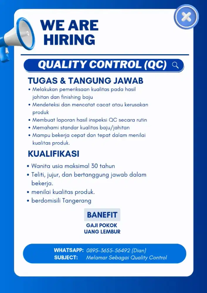 DIBUTUHKAB SEGERA ! Lowongan bagian QC