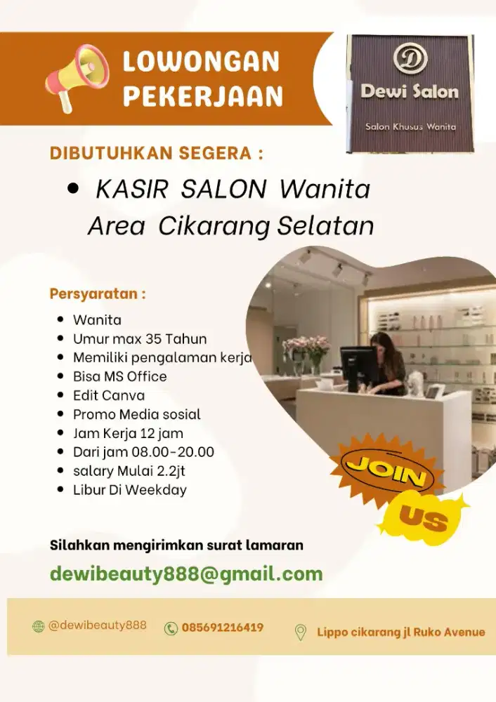 Dibutuhkan Kasir Admin untuk Salon  dan RM Padang di Cikrg selatan