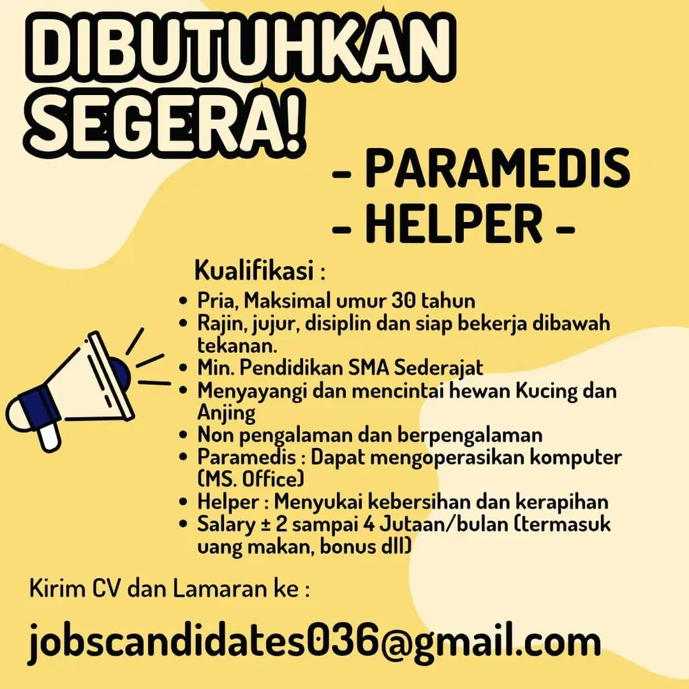 Lowongan Kerja Petshop dan Klinik Hewan (Team Pet Shop dan Klinik)