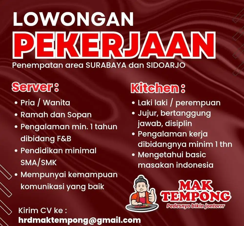 LOWONGAN COOK & COOK HELPER SURABAYA