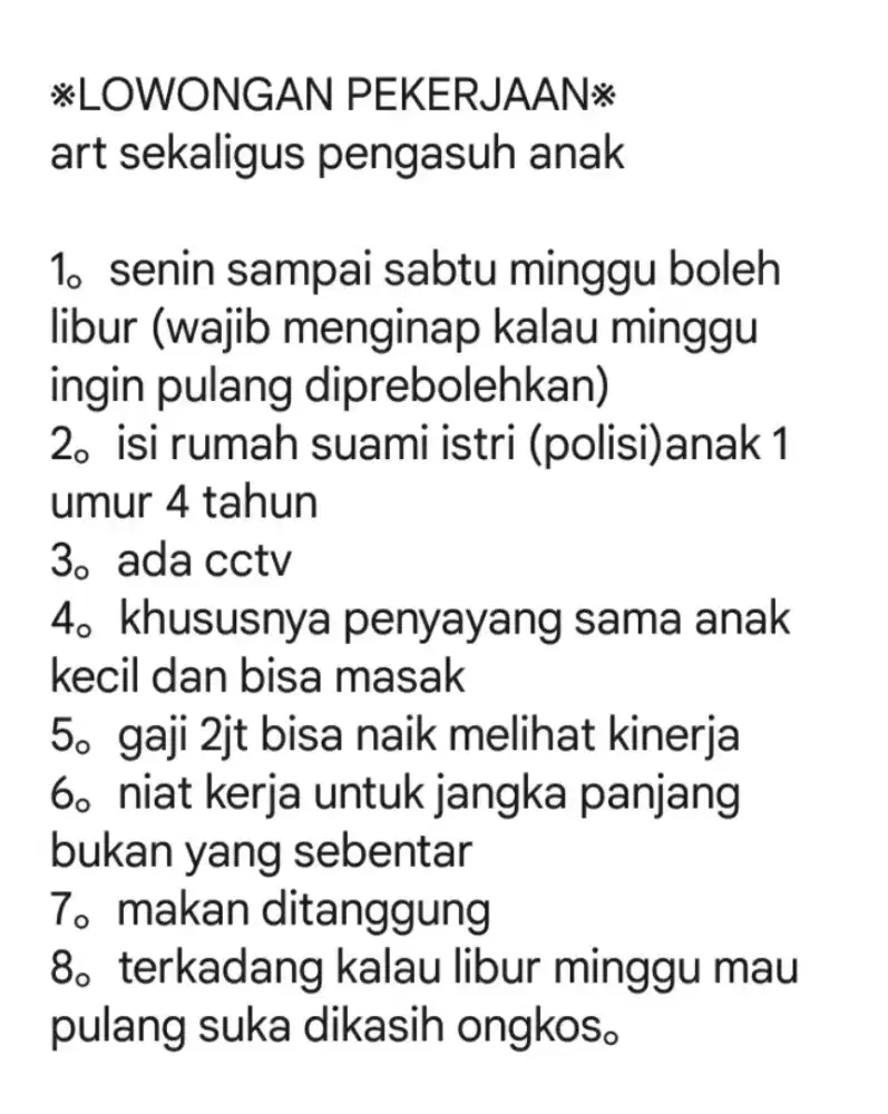 Lowongan kerja art sekaligus pengasuh anak hubungi segera