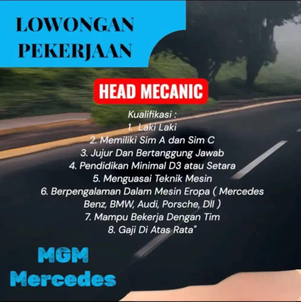 Dibuka LOWONGAN PEKERJAAN KEPALA MEKANIK BENGKEL Lokasi Kemayoran