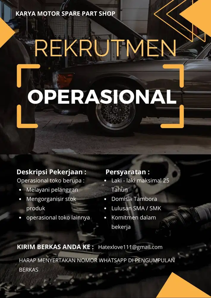 Lowongan Pekerjaan operasional Toko Suku Cadang Mobil