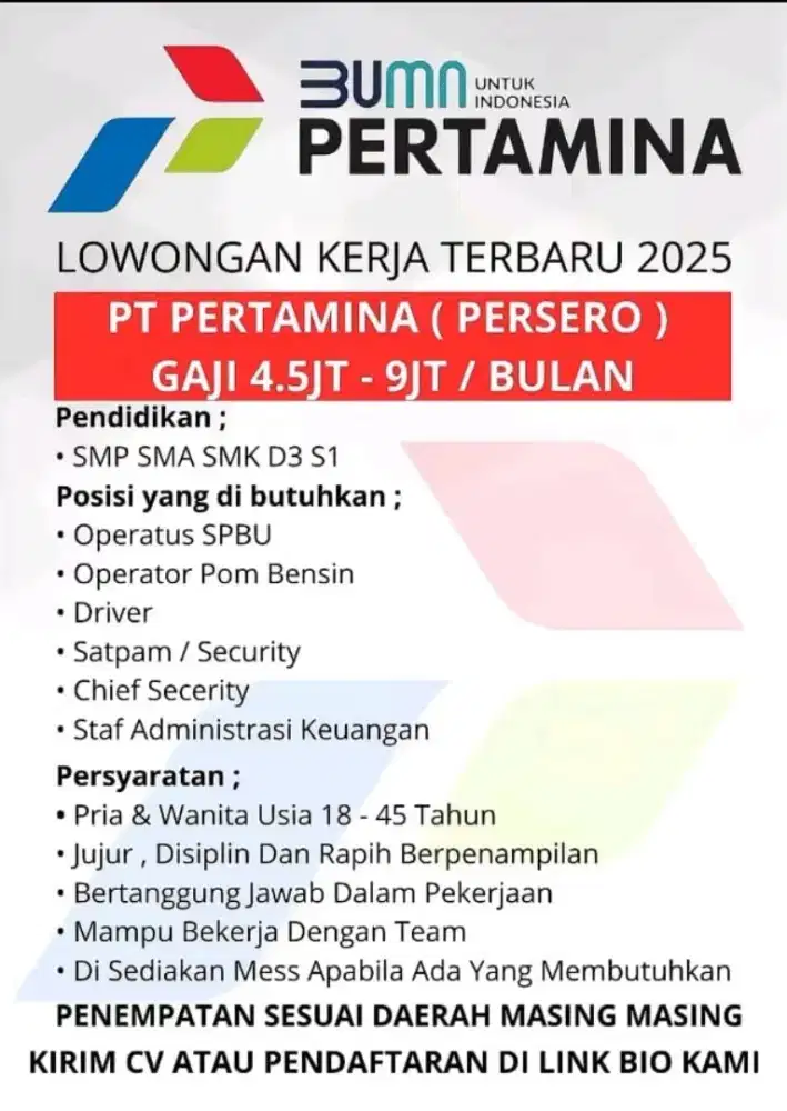Lowongan kerja telah di buka PT pertamina