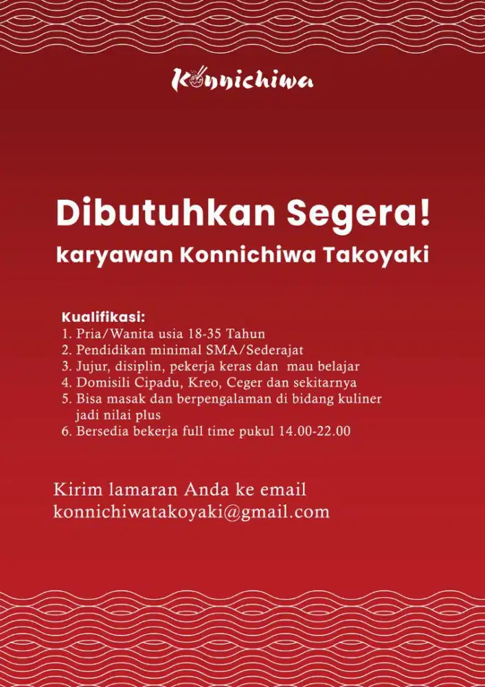 Dibutuhkan Staff Outlet Konnichiwa Takoyaki