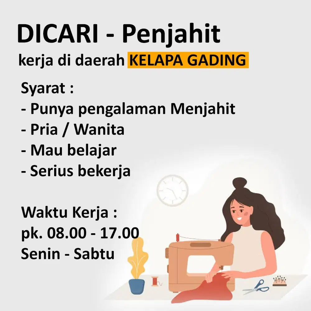 Dicari Penjahit - di Kelapa Gading
