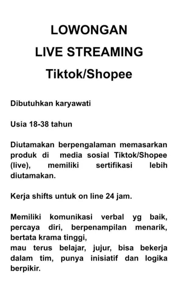 Lowongan Live Streaming Tiktok/Shopee