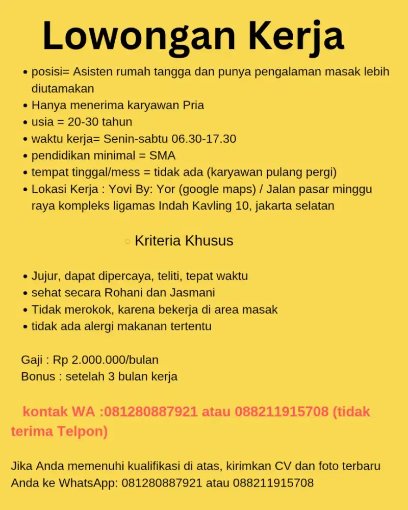 Loker ART dan bisa masak