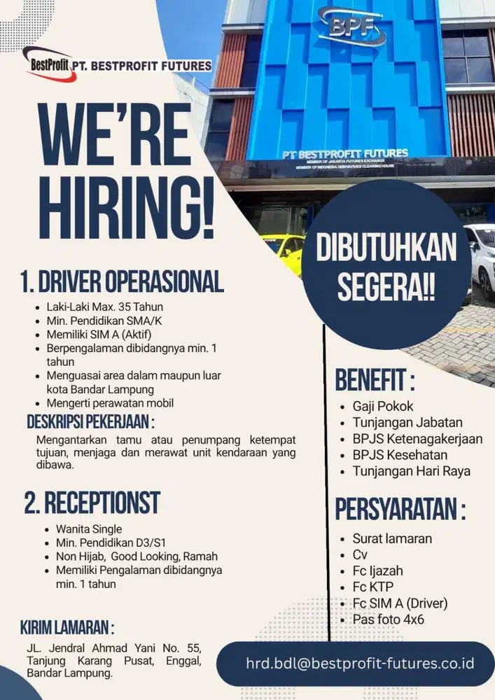 Lowongan pekerjaan Driver dan Receptionist