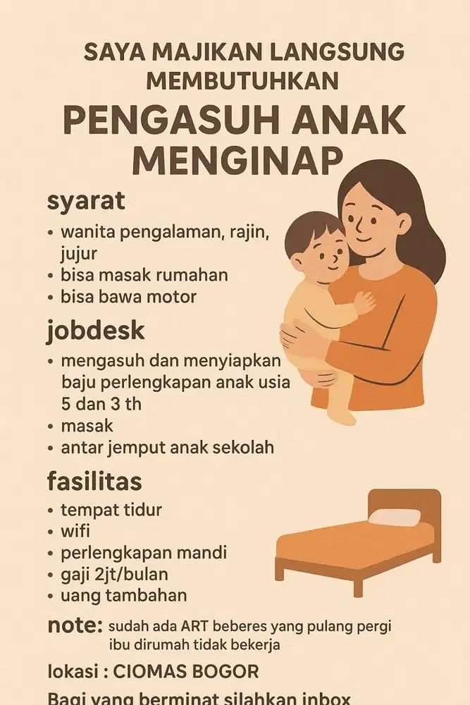 Dibutuhkan pengasuh anak menginap wanita