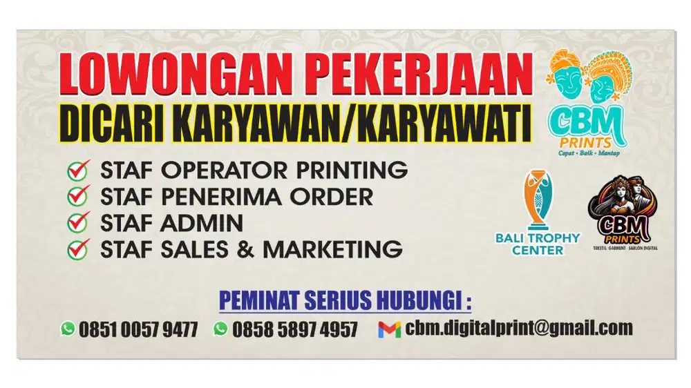 Lowongan Pekerjaan Staf Admin, Staf Penerima Order CBM Prints Bali