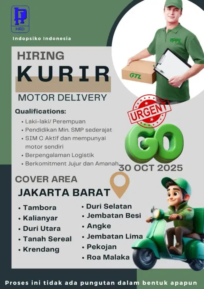 Di butuhkan mitra kurir motor GTL - Tambora jakarta barat