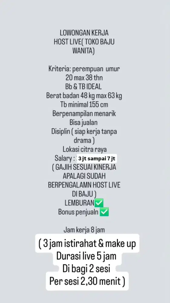 Lowongan kerja host live ( untuk toko baju wanita )