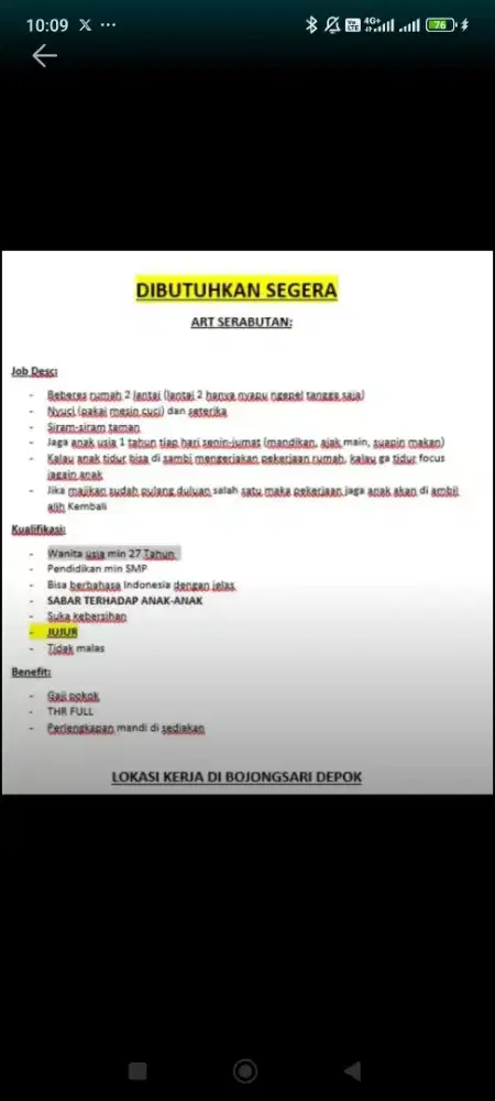 DIBUTUHKAN SEGERA ART SERABUTAN MENGINAP