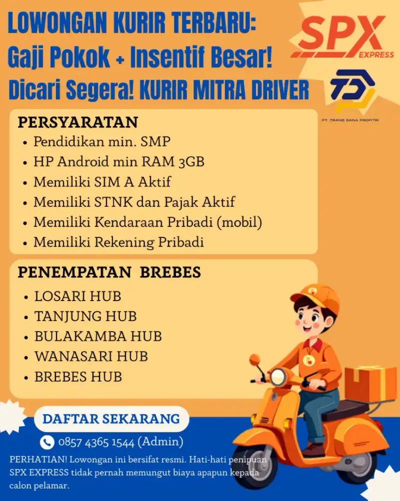 Dibutuhkan kurir mitra driver spx Brebes hub dan Jatibarang hub