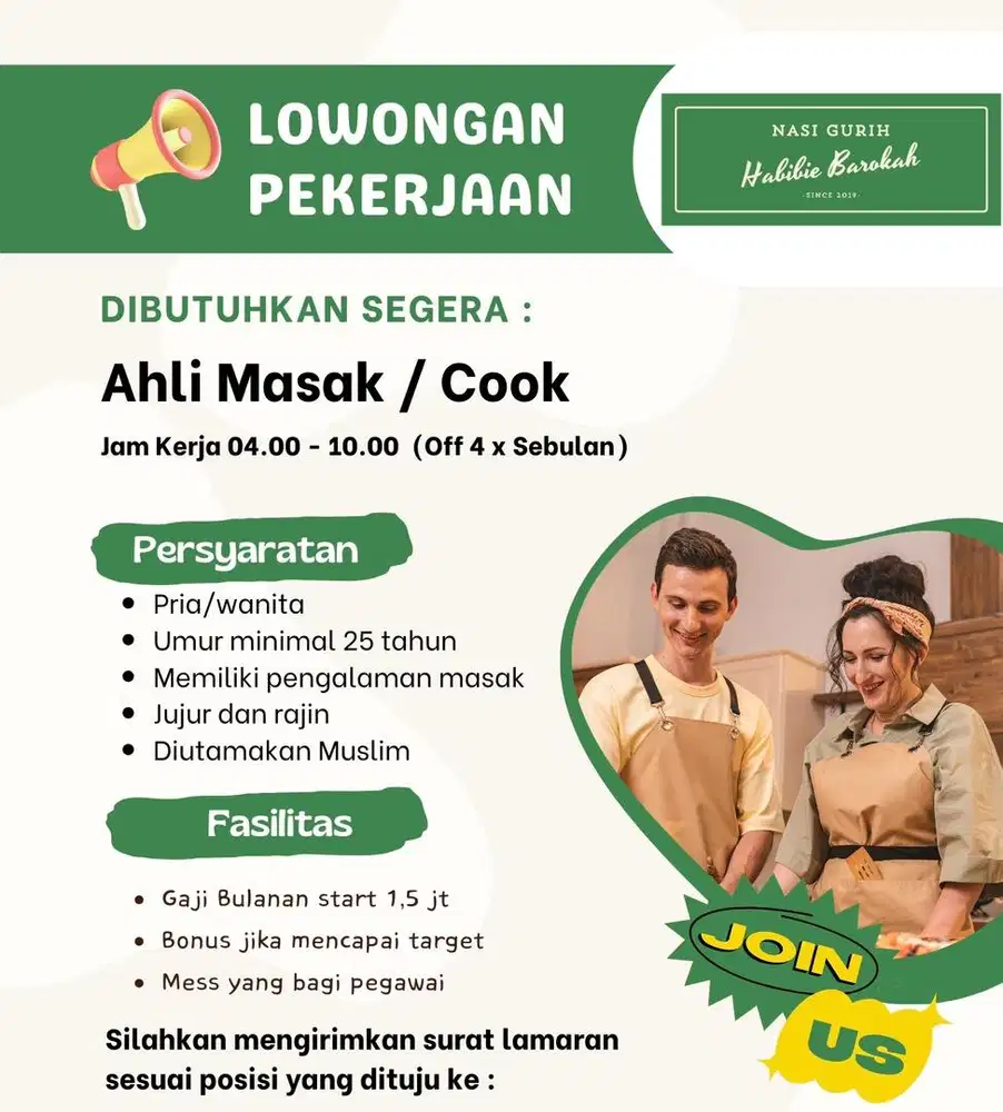 DICARI TUKANG MASAK/COOK PENGALAMAN