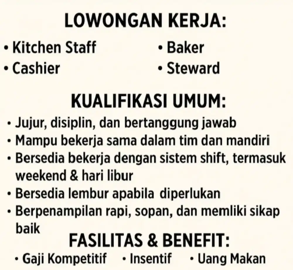 Lowongan kerja Bakery dan barista